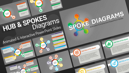 A collage of presentation slides from Hub and Spokes PowerPoint Diagrams