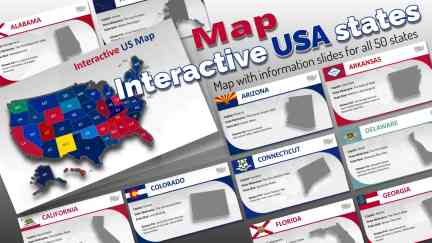 A collage of presentation slides from Interactive USA Map PowerPoint