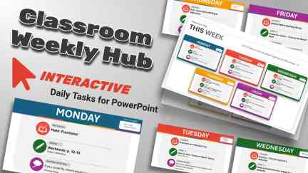 A collage of presentation slides from Interactive Weekly Planner PowerPoint Template for Elementary Teachers