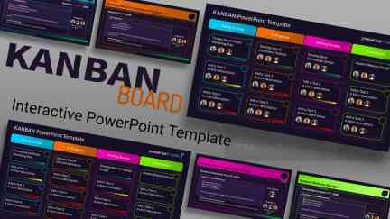 A collage of presentation slides from Kanban Board - Interactive PowerPoint Slides