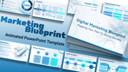 A collage of presentation slides from Marketing Blueprint Plan PowerPoint Theme