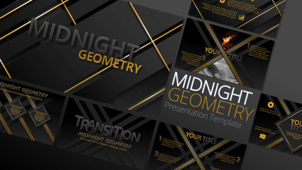 A collage of presentation slides from Midnight Geometry PowerPoint Template