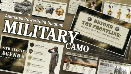 A collage of presentation slides from Military PowerPoint template