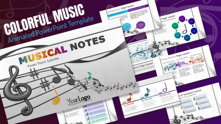 A collage of presentation slides from Musical Notes PowerPoint Themed Slides