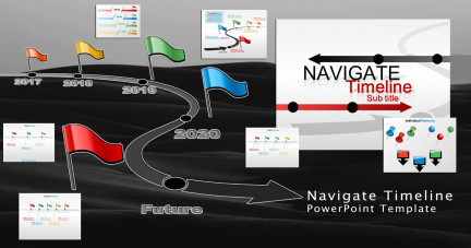 A collage of presentation slides from Navigate Timeline PowerPoint Template