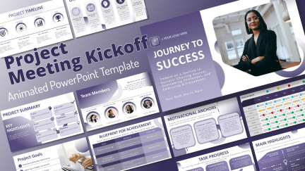 A collage of presentation slides from Project Kickoff - Journey to Success PowerPoint Theme