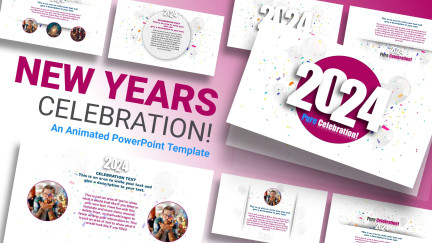 A collage of presentation slides from Pure Celebration - New Years PowerPoint Theme