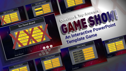 A collage of presentation slides from Question & Answer Feud Interactive PowerPoint Game