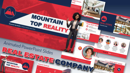 A collage of presentation slides from Real Estate Company Listing PowerPoint Slides