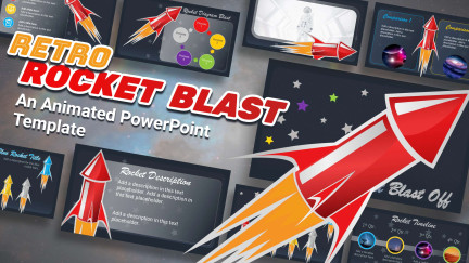 A collage of presentation slides from Retro Rocket Blast PowerPoint Theme