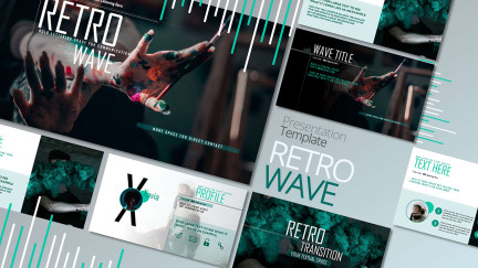 A collage of presentation slides from Retro Wave PowerPoint Template