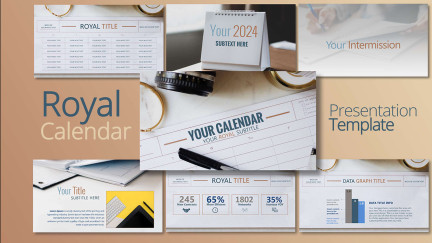 A collage of presentation slides from Royal Calendar PowerPoint Template
