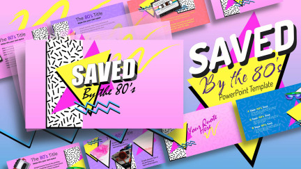A collage of presentation slides from Saved by the 80s PowerPoint Template