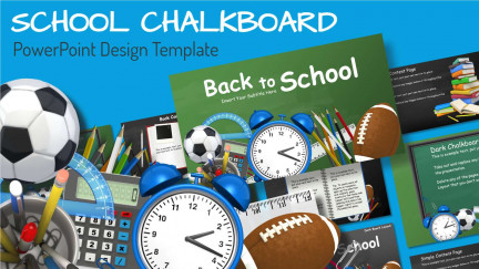 A template collage preview containing PowerPoint slides and educational graphics from the template school chalkboard.