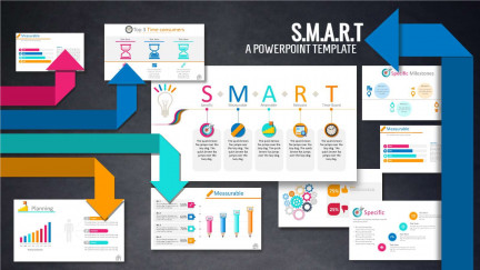 A template preview image showing arrows and slides from the SMART PowerPoint template from PresenterMedia.com.