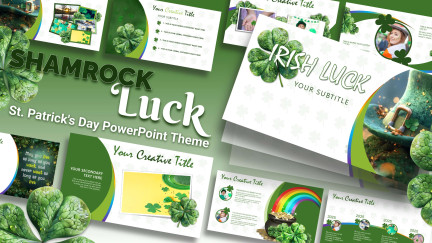A collage of presentation slides from St. Patrick's Shamrock PowerPoint Theme
