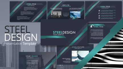 A collage of presentation slides from Steel Design PowerPoint Template
