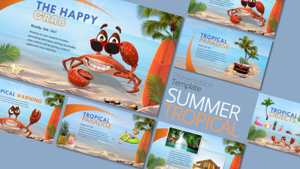 A collage of presentation slides from Summer Crab Tropical PowerPoint Theme