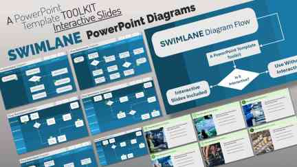 A collage of presentation slides from Swimlane PowerPoint Diagrams Toolkit