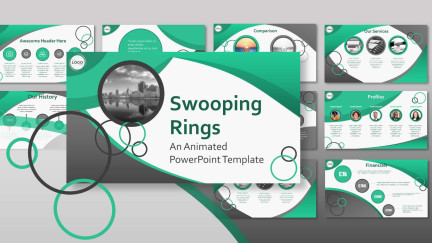 A collage of presentation slides from Swoops and Rings Corporate PowerPoint Slides