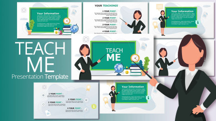 A collage of presentation slides from Teach Me PowerPoint Template