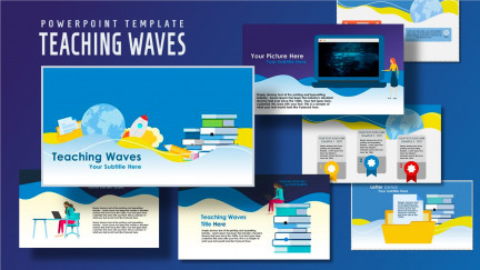 A collage of the slides that make up the teaching waves education ppt template.