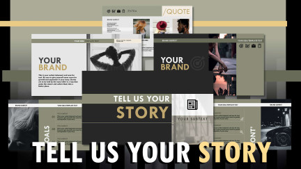 A collage of presentation slides from Tell Us Your Story PowerPoint Template