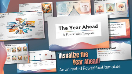 A collage of presentation slides from The Year Ahead PowerPoint Slides