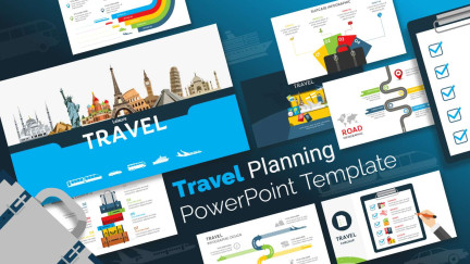 A collage of presentation slides from Travel Planning PowerPoint Infographics Template