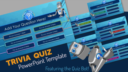 A collage of presentation slides from Trivia Quiz for PowerPoint with Question Bot Character