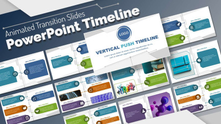 A collage of presentation slides from Vertical Push PowerPoint Timeline Template