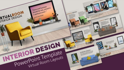 A collage of presentation slides from Virtual Room Interior Design Template for PowerPoint