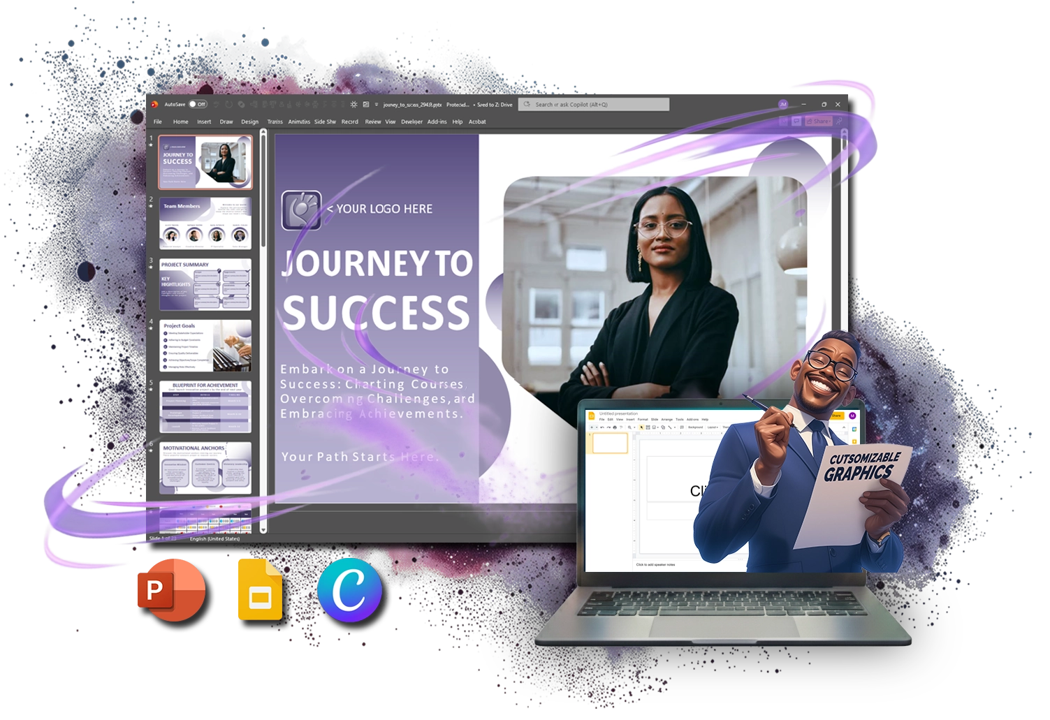 Laptop displaying PowerPoint slides