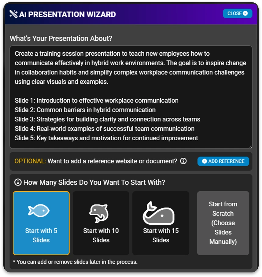 AI Presentation Wizard filled-out example