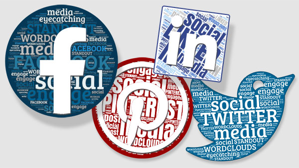 Social media icons with word clouds filling there shapes
